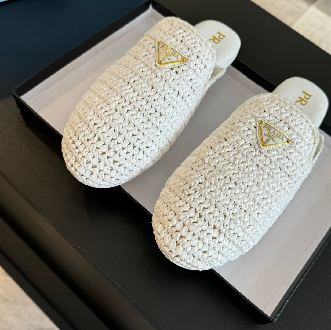 PRADA CROCHET MULES WHITE LAMBSKIN