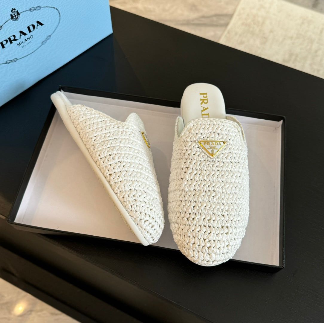 PRADA CROCHET MULES WHITE LAMBSKIN