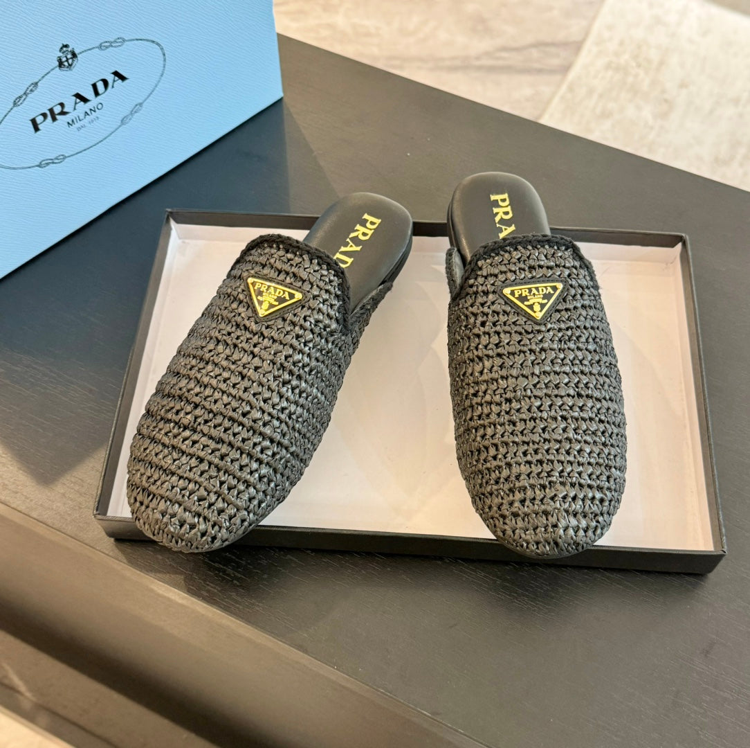 PRADA CROCHET MULES BLACK LAMBSKIN