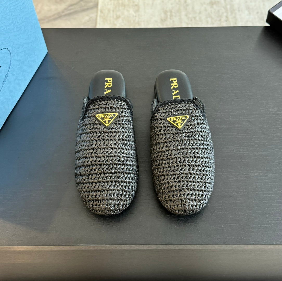 PRADA CROCHET MULES BLACK LAMBSKIN