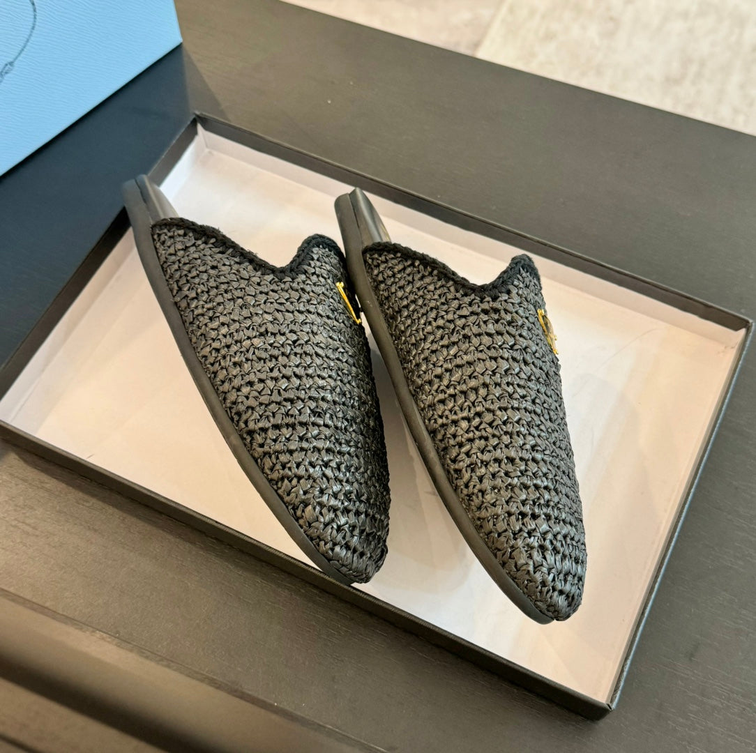 PRADA CROCHET MULES BLACK LAMBSKIN