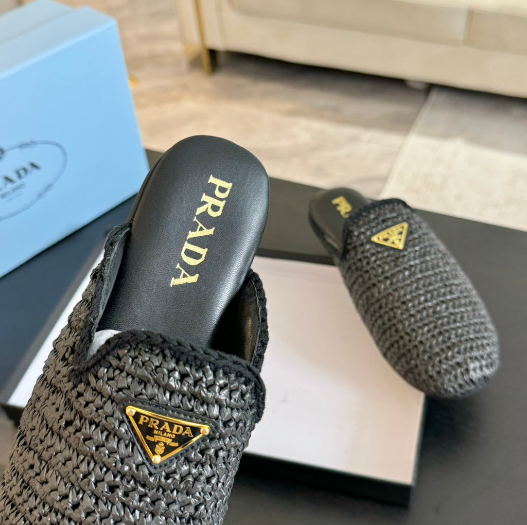 PRADA CROCHET MULES BLACK LAMBSKIN