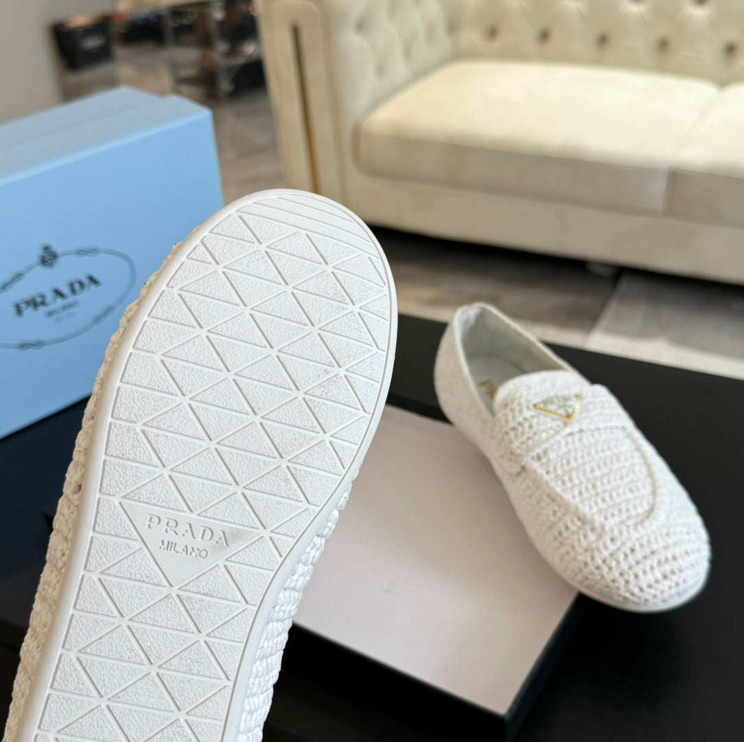 PRADA CROCHET LOAFERS WHITE CALFSKIN