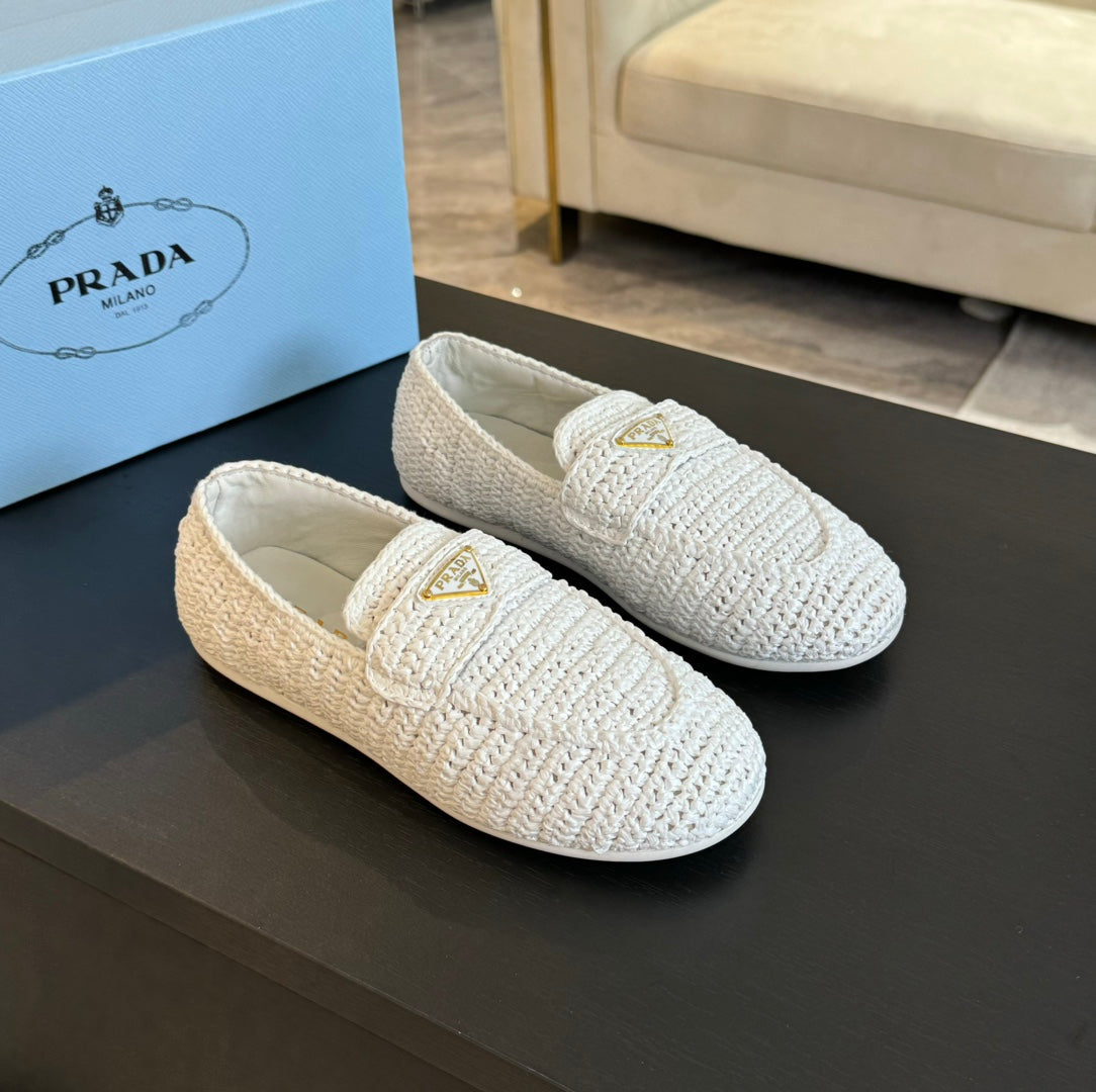 PRADA CROCHET LOAFERS WHITE CALFSKIN