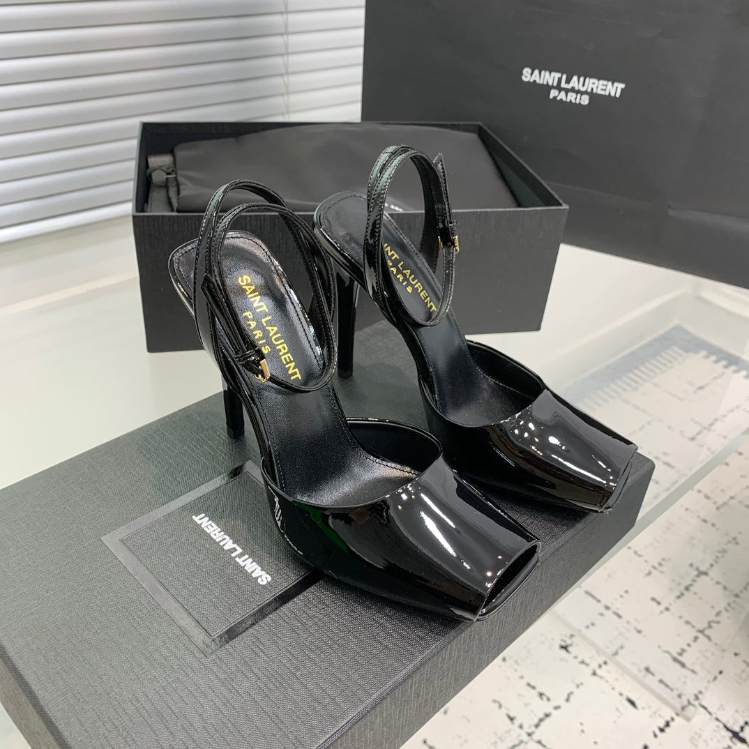 SL FISH MOUTH SANDAL PUMP BLACK POLISHED CALFSKIN