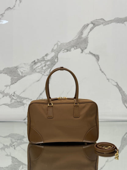 PRADA LARGE TOP HANDLE BAG 35 IN CHERRY WOOD NYLON AND CALFSKIN TRIM
