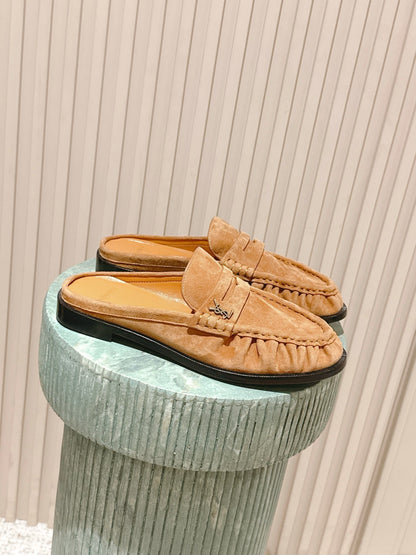 YSL 25S LOAFER MULE IN CARAMEL SUEDE