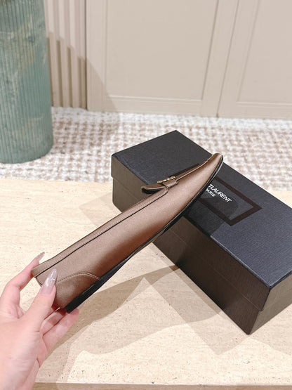 YSL 25S SAINT LAURENT POPPY BALLET FLATS IN TAUPE BROWN SILK