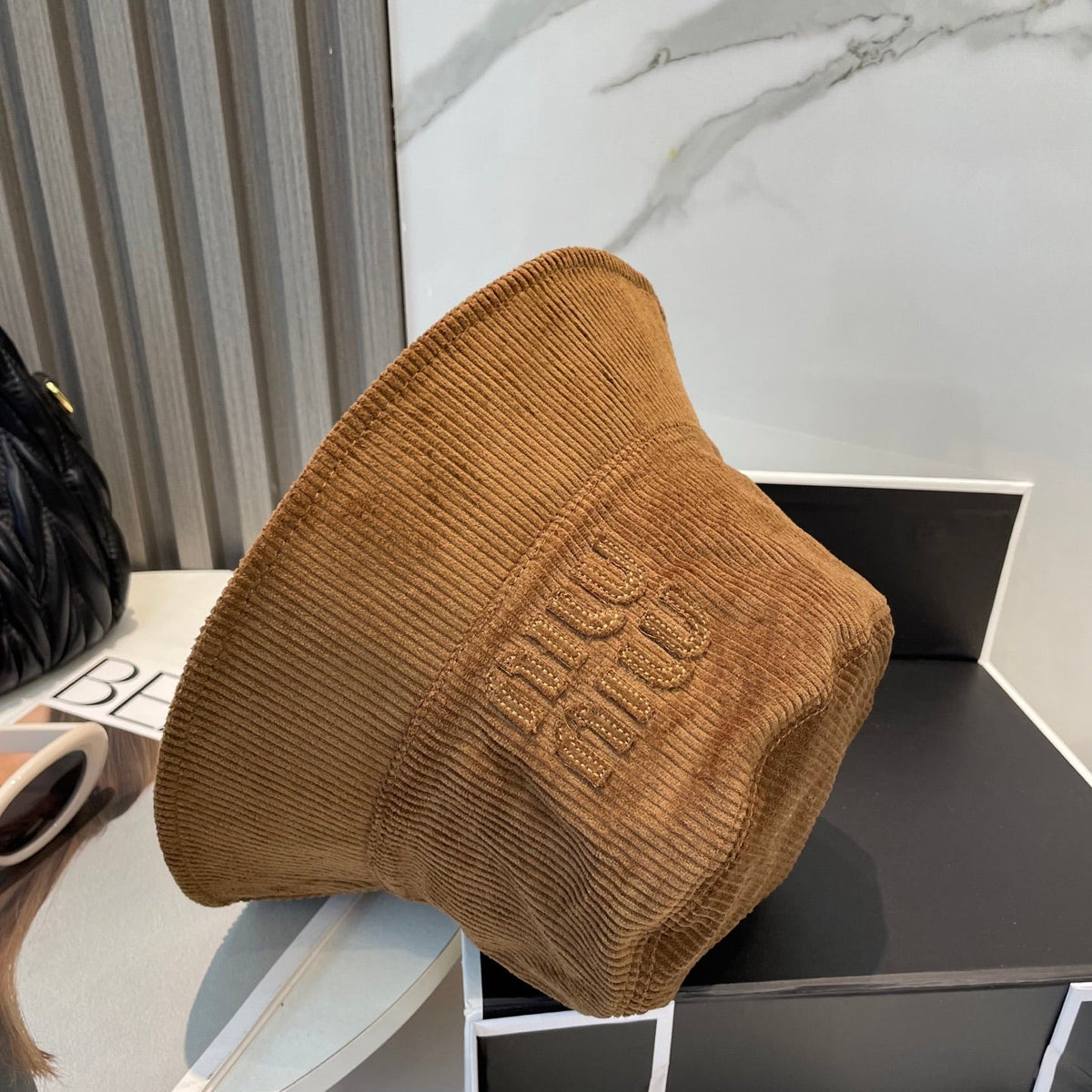 MIU MIU MM BUCKET IN BURNT ORANGE VELVET WITH LOGO