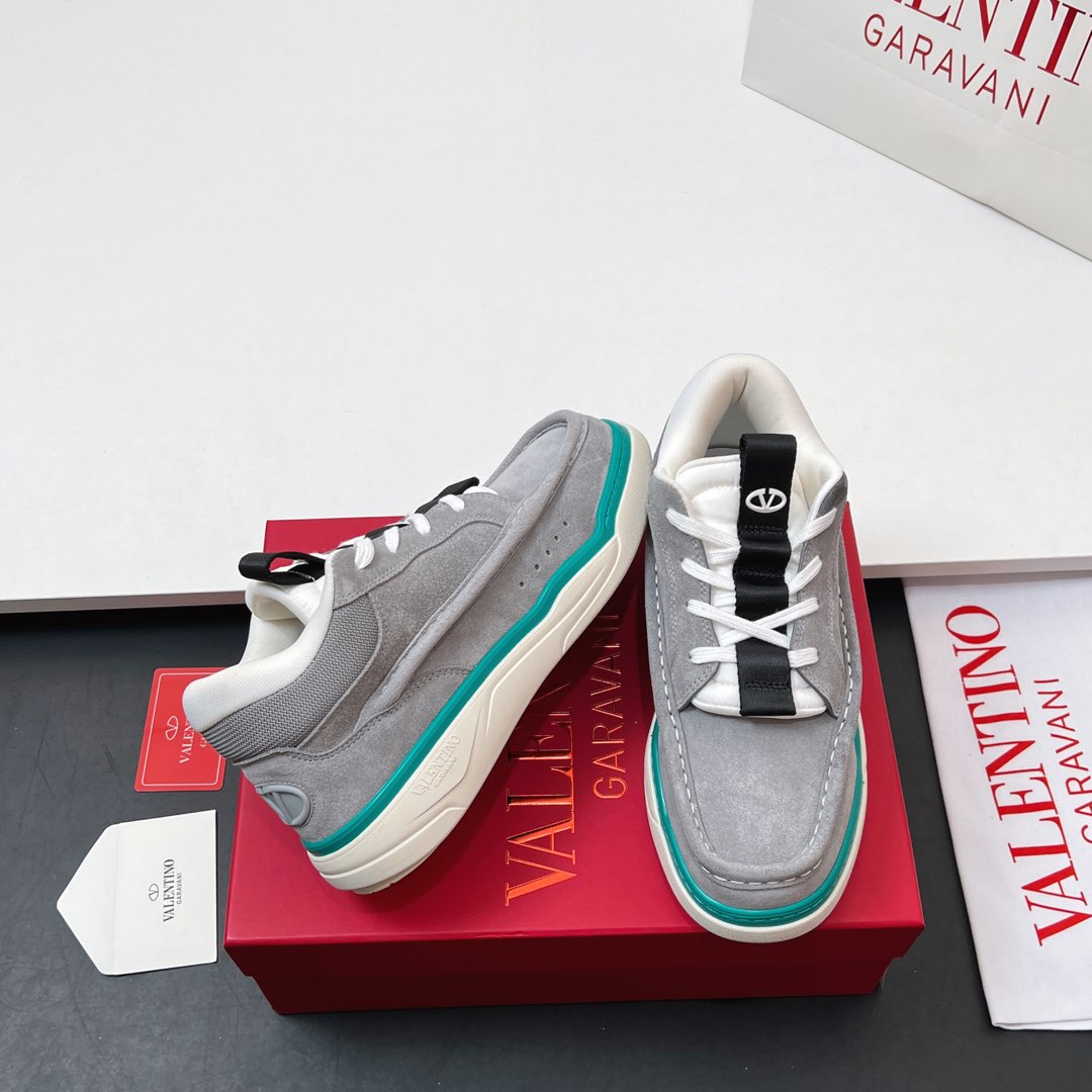 VALENTINO 25S RUNBOOT SNEAKERS IN GREY MIX TEAL BLUE LAMBSKIN