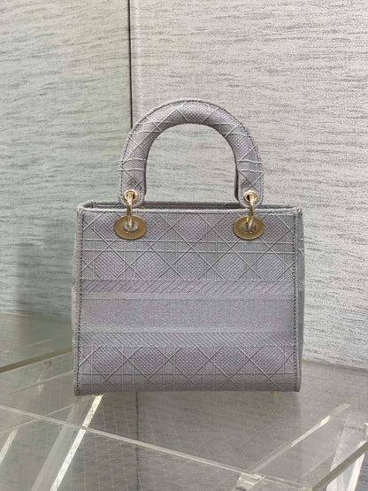 DIOR SMALL 24 LADY BAG IN PALE GRAY CANVAS