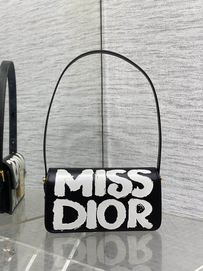 DIOR SMALL 22 FLAP BAG IN BLACK MIX WHITE LAMBSKIN WITH GOLD HARDWARE