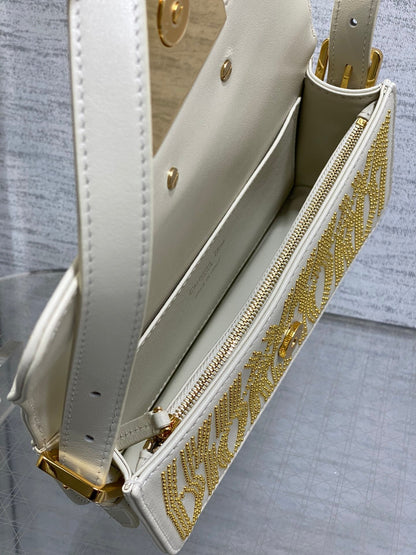 DIOR MINI 18 FLAP BAG IN WHITE LAMBSKIN WITH GOLD RHINSTONES