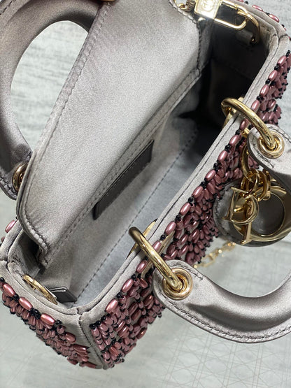 DIOR MINI LADY BAG 16 IN WENGE BROWN SATIN AND CALFSKIN WITH BEADED DESIGN