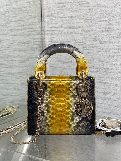 DIOR MINI 17 LADY BAG IN SUN FLOWER MIX BLACK SNAKESKIN PATTERN LAMBSKIN