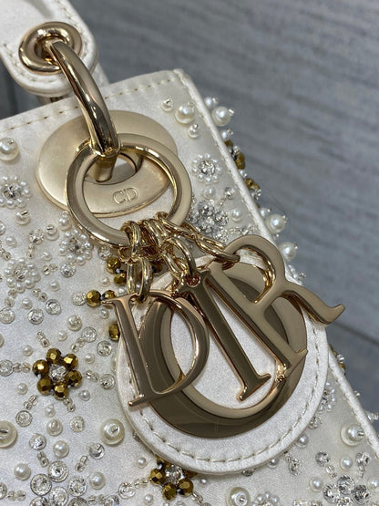 DIOR MINI 17 LADY BAG IN WHITE SATIN EMBROIDERED WITH BEADS