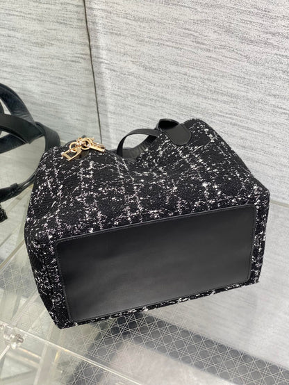 DIOR MINI 23 TOUJOURS BAG IN BLACK MIX WHITE CANNAGE TWEED WITH GOLD HARDWARE