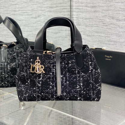 DIOR MINI 23 TOUJOURS BAG IN BLACK MIX WHITE CANNAGE TWEED WITH GOLD HARDWARE