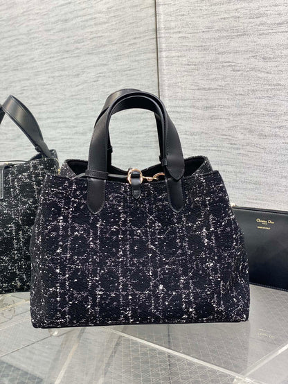 DIOR MEDIUM 28 TOUJOURS BAG IN BLACK MIX WHITE CANNAGE TWEED WITH GOLD HARDWARE