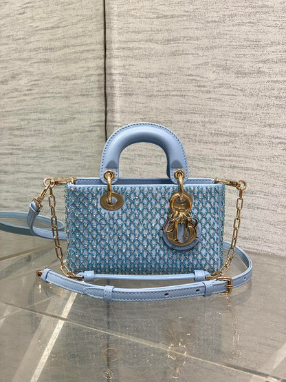 DIOR SMALL 16 LADY D-JOY BAG  IN POWDER BLUE CANNAGE LAMBSKIN WITH EMBROIDERED BEADWORK  BEADWORK