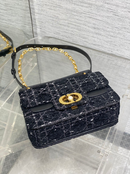 DIOR SMALL 22 JOLIE TOP HANDLE BAG IN BLACK MIX WHITE CANNAGE TWEED