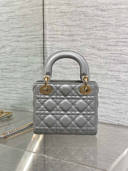 DIOR 25S MINI LADY  BAG 17 IN DARK GRAY CALFSKIN CHARM CRYSTAL EMBELLISHMENTS