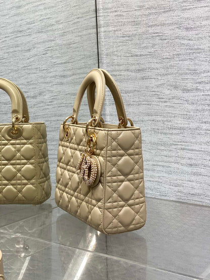 DIOR 25S LADY  BAG 20 IN SAND BEIGE CALFSKIN CHARM PEARL EMBELLISHMENTS