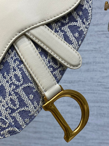 DIOR 25S MINI SOFT SADDLE BAG 19 IN BLUE DIOR OBLIQUE CHAMBRAY AND IVORY SMOOTH CALFSKIN