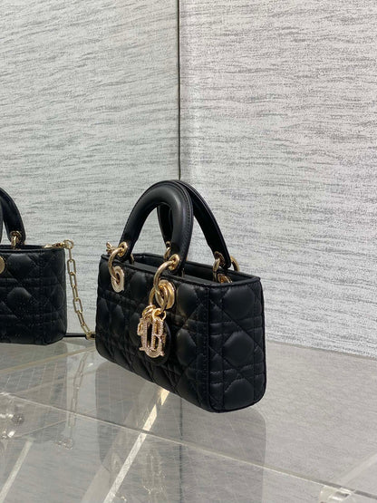 DIOR 25S SMALL LADY D‑JOY BAG 22 IN BLACK CALFSKIN GOLD HARDWRE