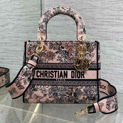 DIOR 25S SMALL LADY D-LITE BAG 24 IN PINK  FLOWERS CALENDAR ALLOVER EMBROIDERY
