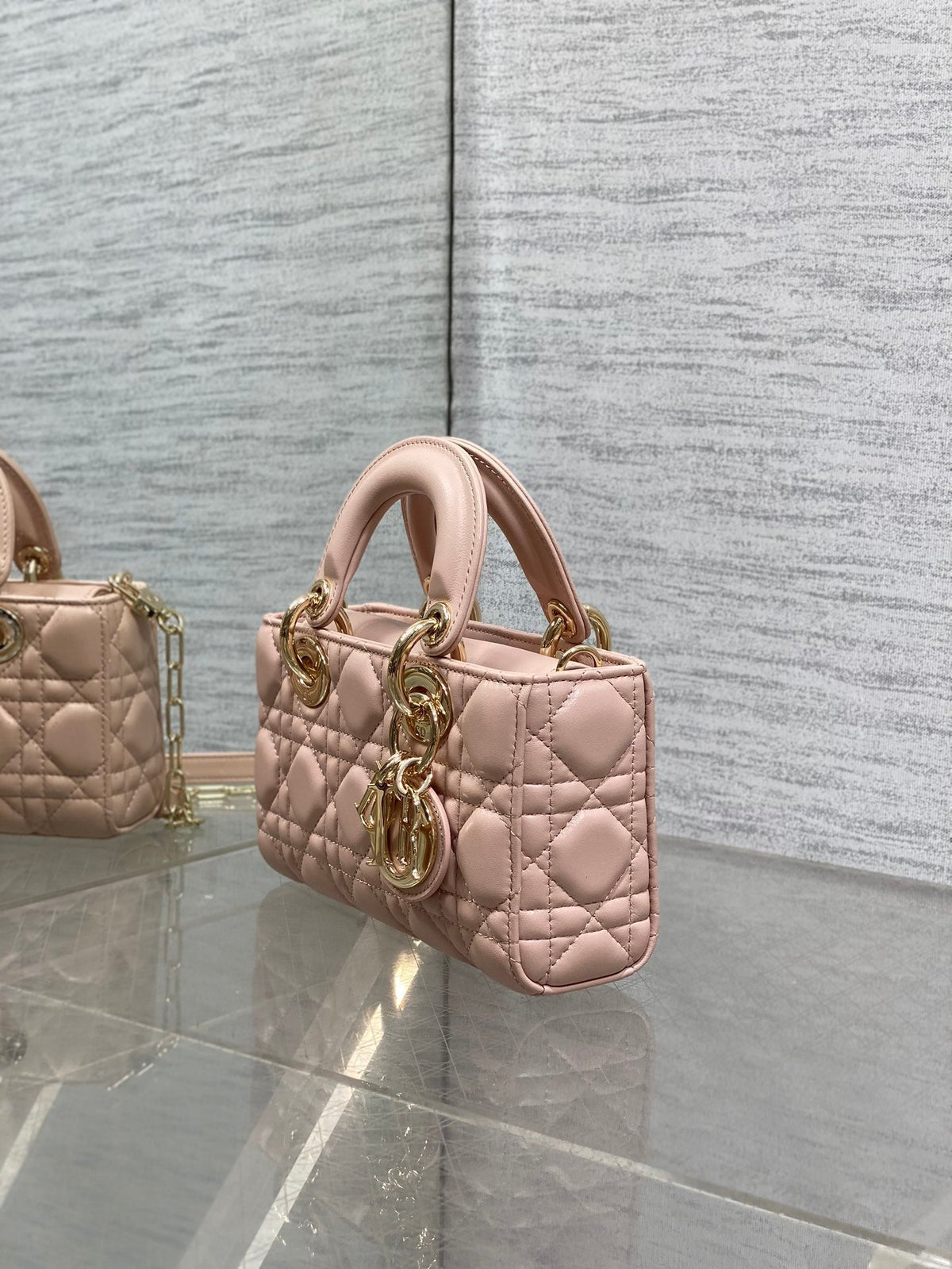 DIOR 25S MICRO LADY D-JOY 19 IN BABY PINK CALFSKIN GOLD HARDWARE