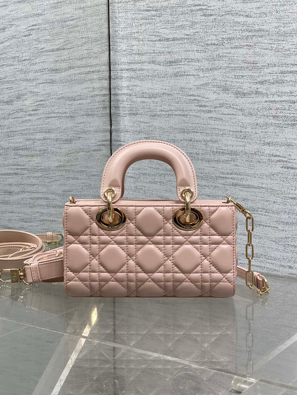 DIOR 25S MICRO LADY D-JOY 19 IN BABY PINK CALFSKIN GOLD HARDWARE