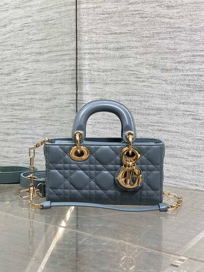 DIOR 25S SMALL LADY D‑JOY BAG 19 IN STEEL BLUE GRAY CANNAGE CALFSKIN GOLD HARDWRE