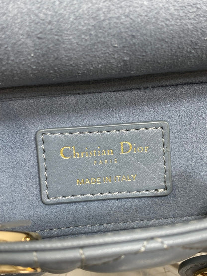 DIOR 25S SMALL LADY D‑JOY BAG 19 IN STEEL BLUE GRAY CANNAGE CALFSKIN GOLD HARDWRE