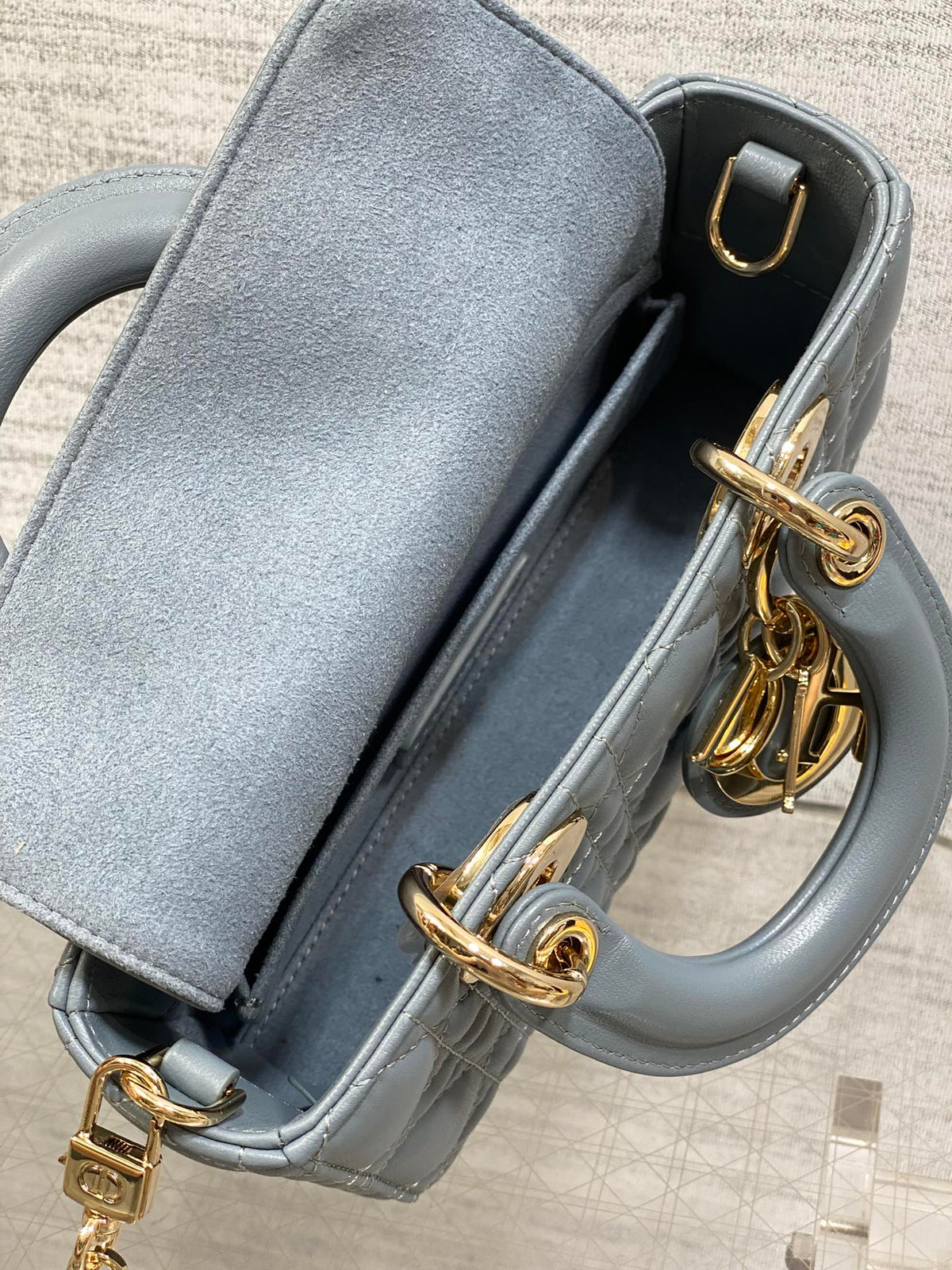 DIOR 25S SMALL LADY D‑JOY BAG 19 IN STEEL BLUE GRAY CANNAGE CALFSKIN GOLD HARDWARE