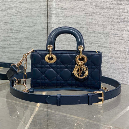 DIOR 25S SMALL LADY D‑JOY BAG 19 IN DARK BLUE CANNAGE CALFSKIN GOLD HARDWRE