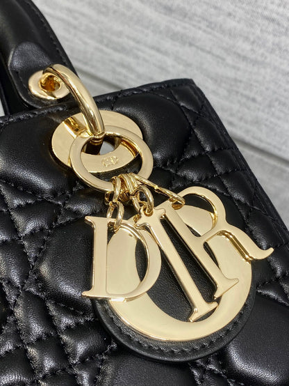 DIOR 25S MEDIUM LADY BAG 24 IN BLACK CALFSKIN GOLD HARDWRE