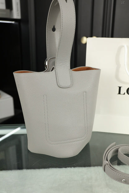 LOEWE LOE MINI 19 PEBBLE BUCKET IN GRAY STEEL MELLOW CALFSKIN