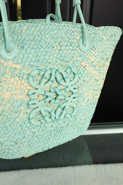 LOEWE LOE SMALL ANAGRAM BASKET 28 BAG IN LIGHT BLUE IRACA PALM AND CALFSKIN