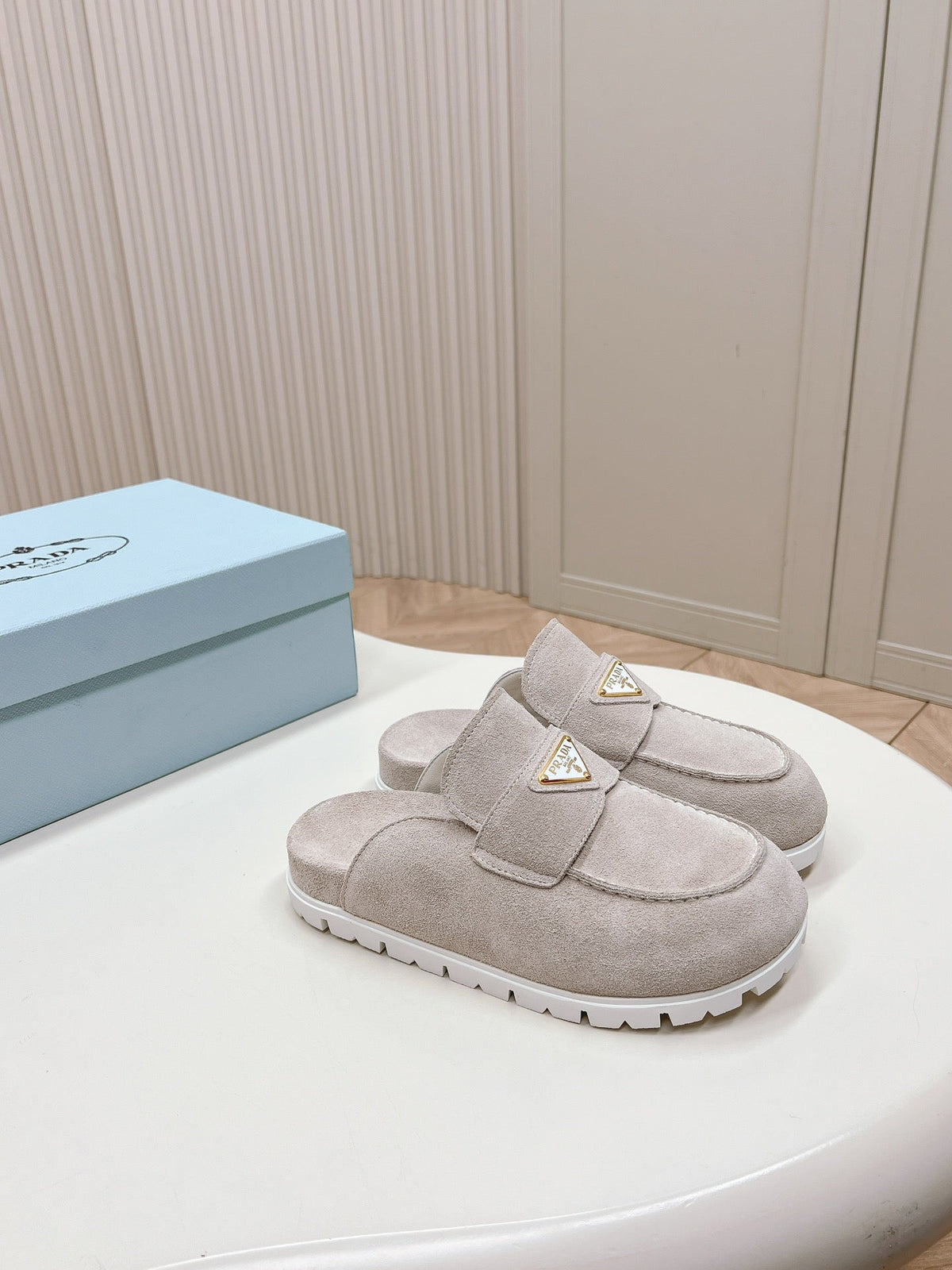 PRADA SABOTS MULES LIGHT GRAY SUEDE