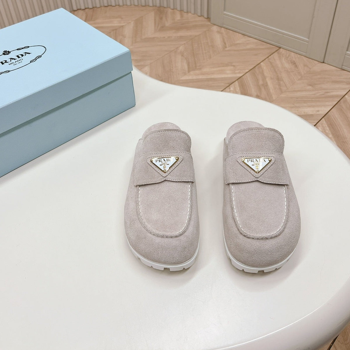 PRADA SABOTS MULES LIGHT GRAY SUEDE
