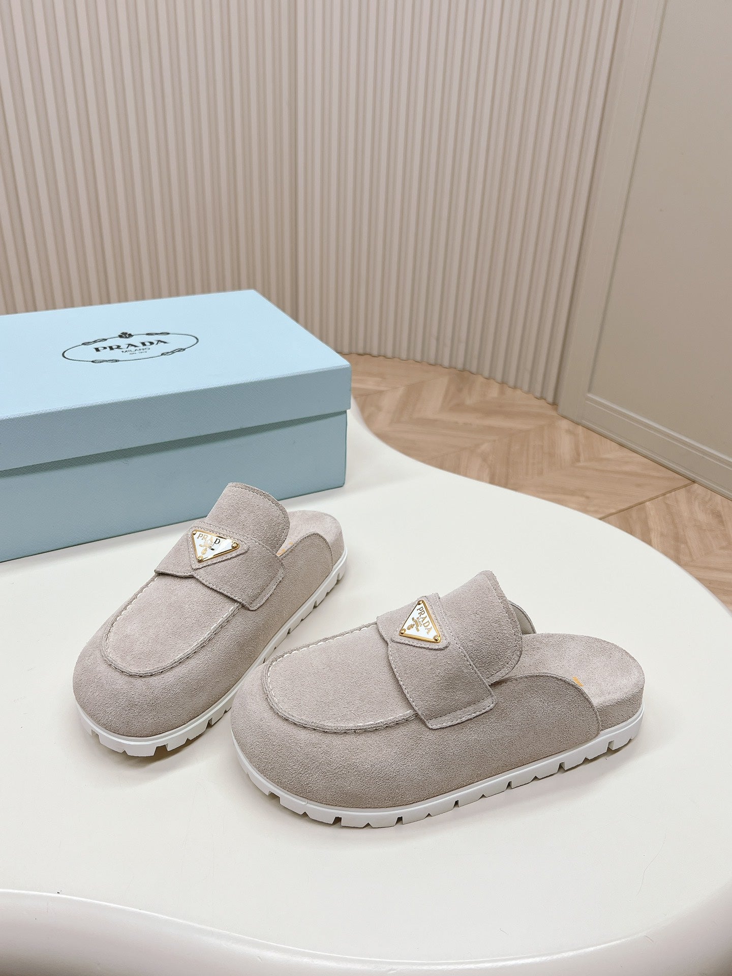 PRADA SABOTS MULES LIGHT GRAY SUEDE