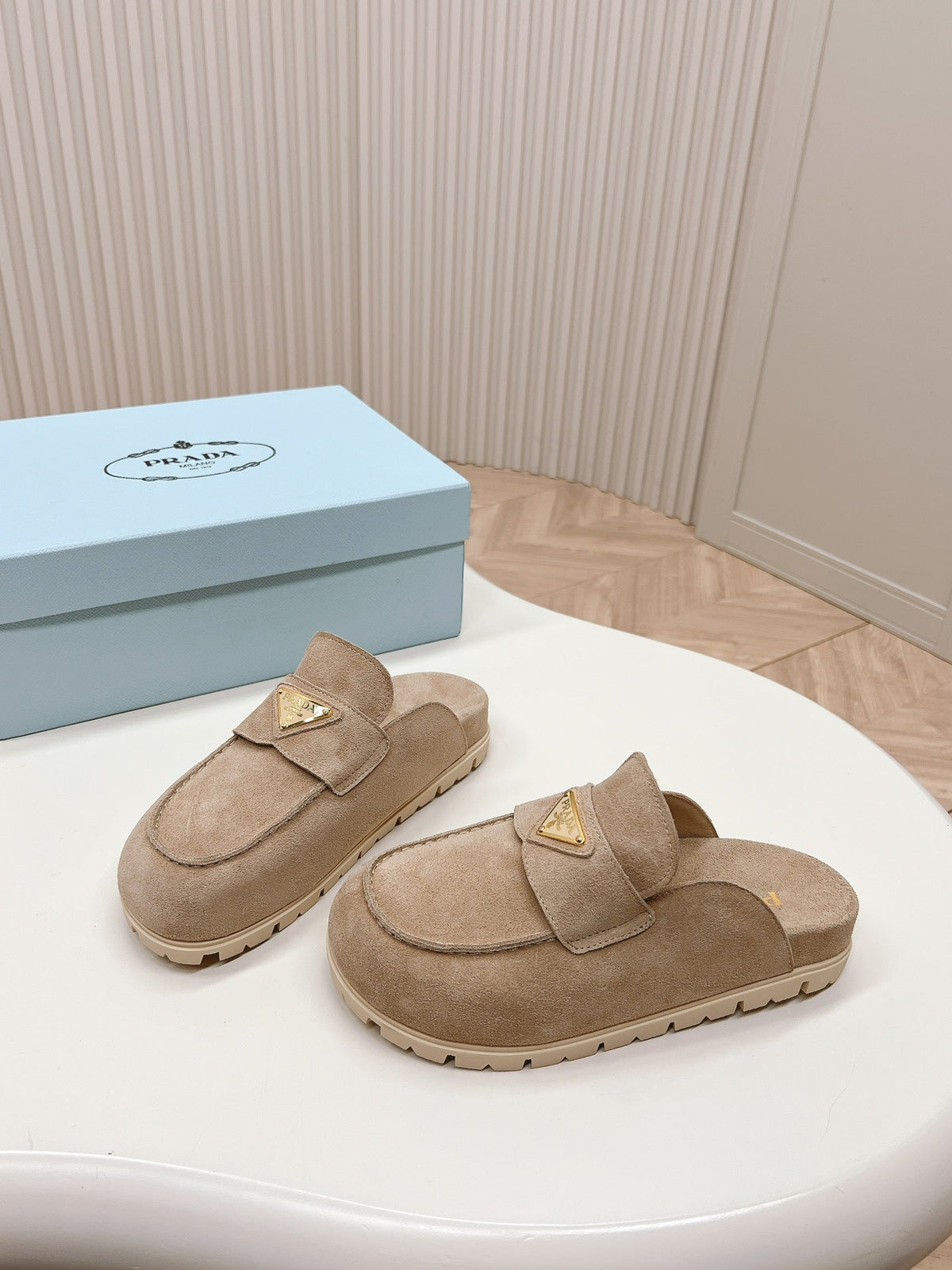 PRADA SABOTS MULES LIGHT BROWN SUEDE