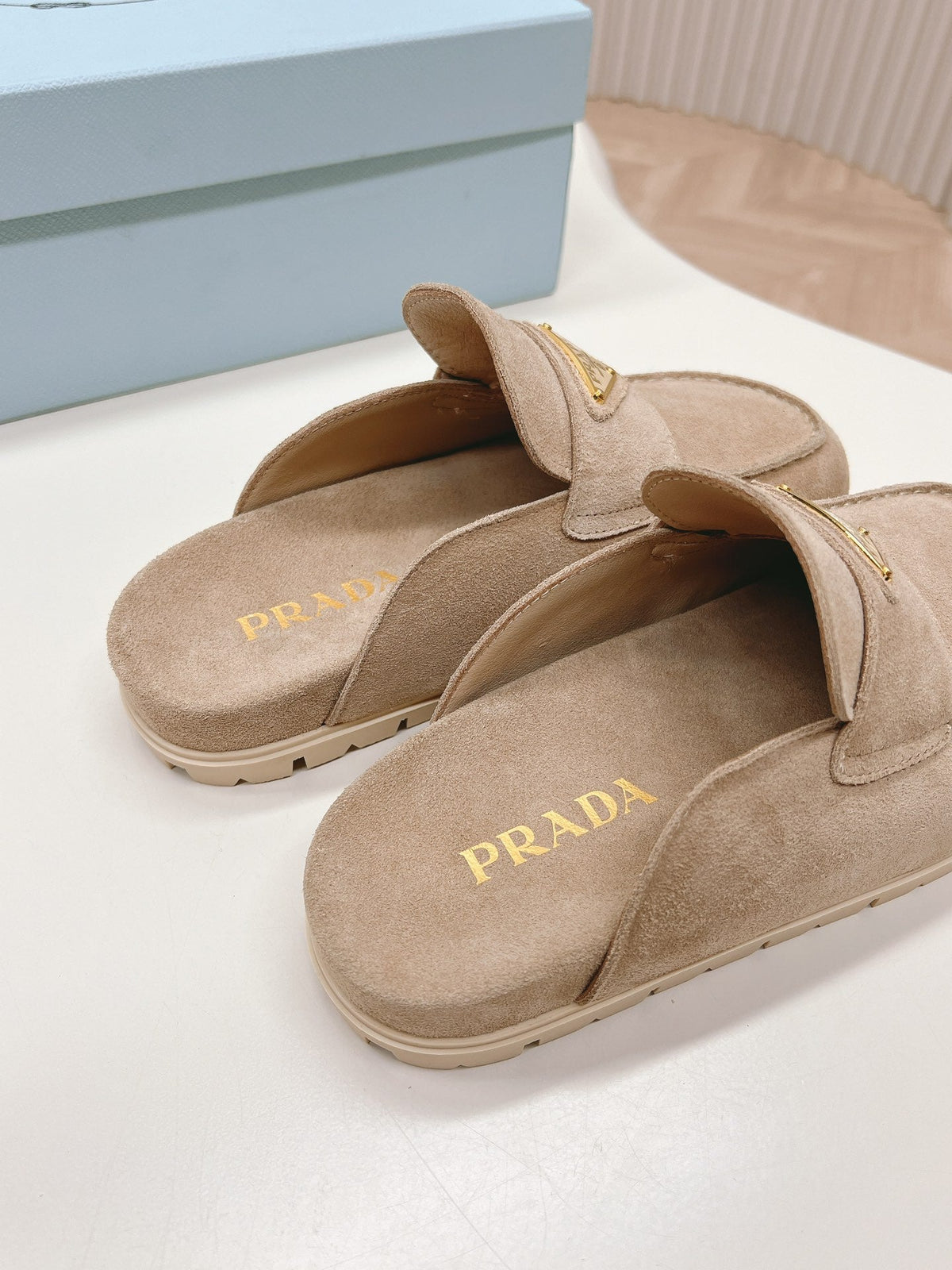 PRADA SABOTS MULES LIGHT BROWN SUEDE