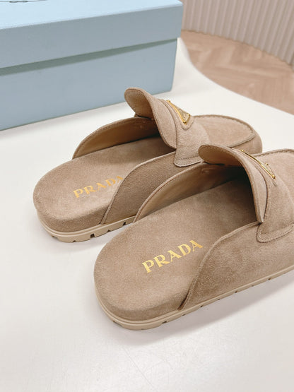 PRADA SABOTS MULES LIGHT BROWN SUEDE