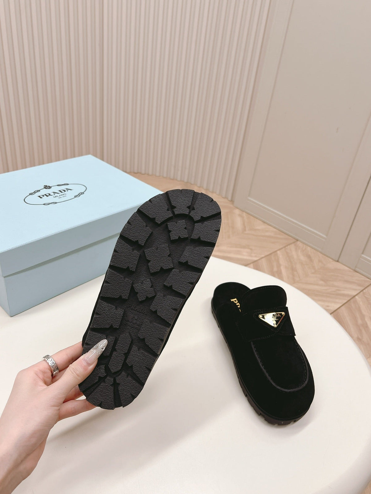 PRADA SABOTS MULES BLACK SUEDE