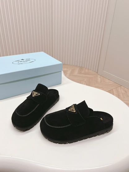 PRADA SABOTS MULES BLACK SUEDE