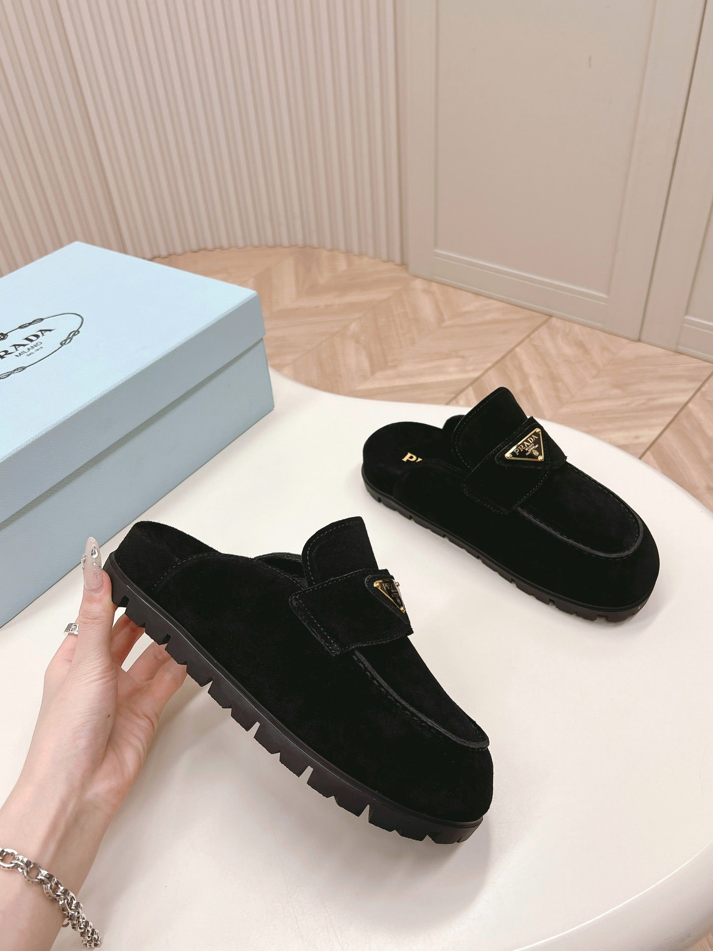 PRADA SABOTS MULES BLACK SUEDE