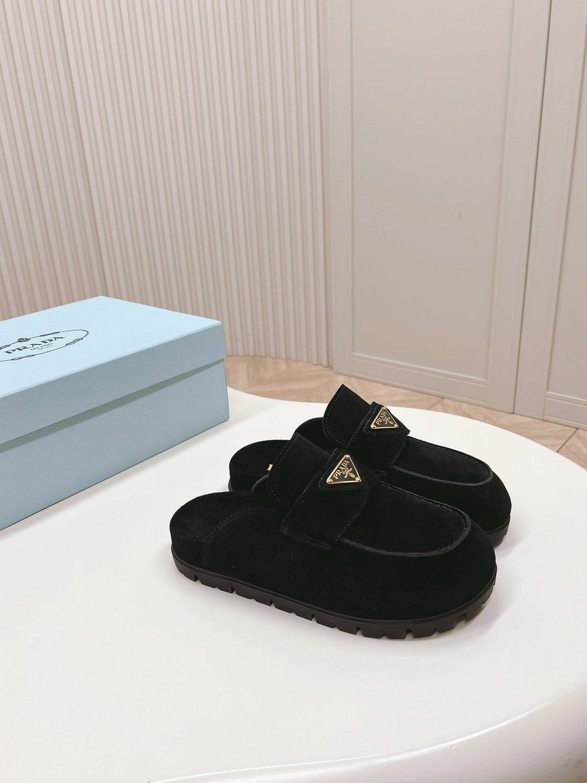 PRADA SABOTS MULES BLACK SUEDE