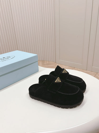 PRADA SABOTS MULES BLACK SUEDE